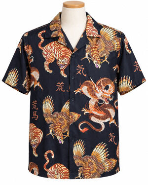Fresh Prints Hawaiian Shirt Black Tiger Dragon Kanji Graphic Print MED